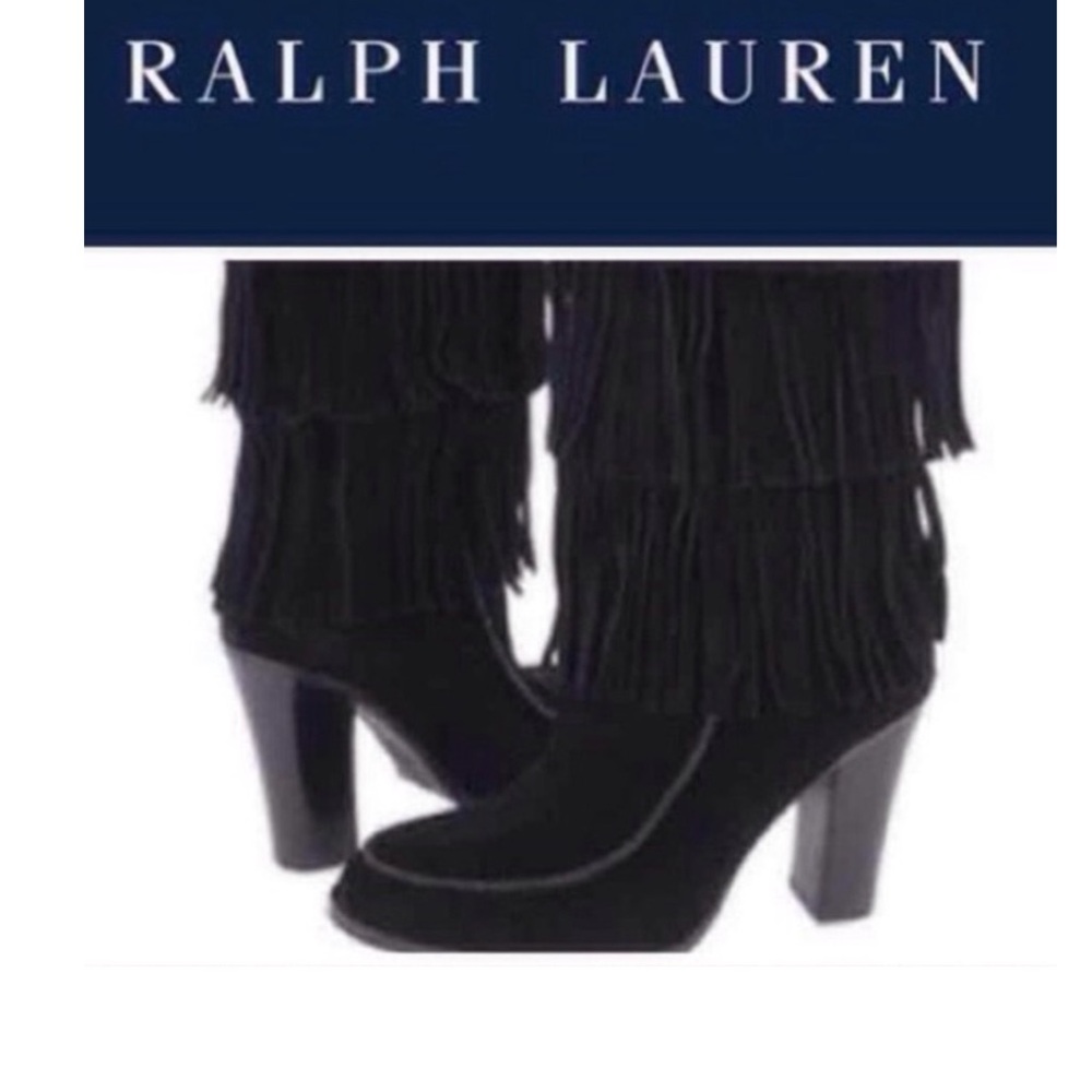 Lauren Ralph Lauren black suede fringe knee heeled boots 7 - Picture 7 of 7